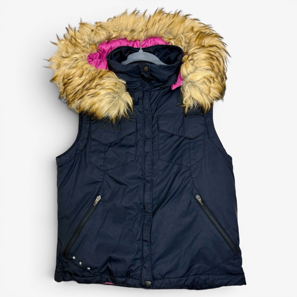 Columbia Down/Feather Puffer Vest with Faux Fur Removable Hood- woman’s M
